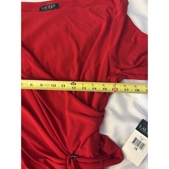 LAUREN RALPH LAUREN Connie Red Buckle Faux Wrap Midi Dress 16 Jersey Holiday - Picture 16 of 16